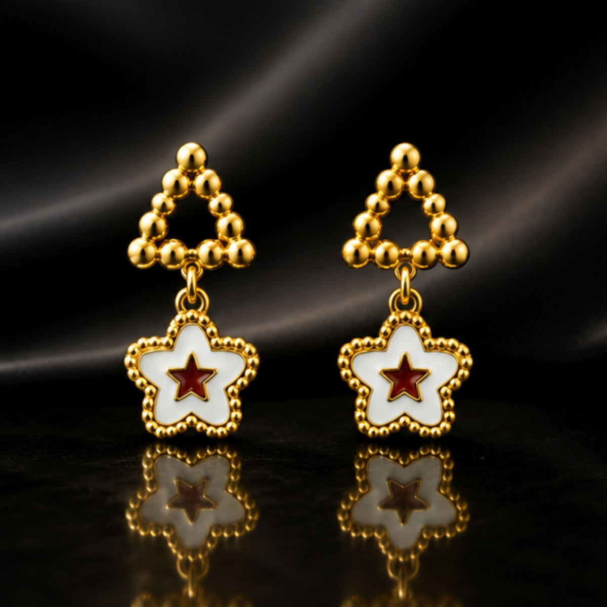 Gold Star Drop Earrings with White Floral Detail