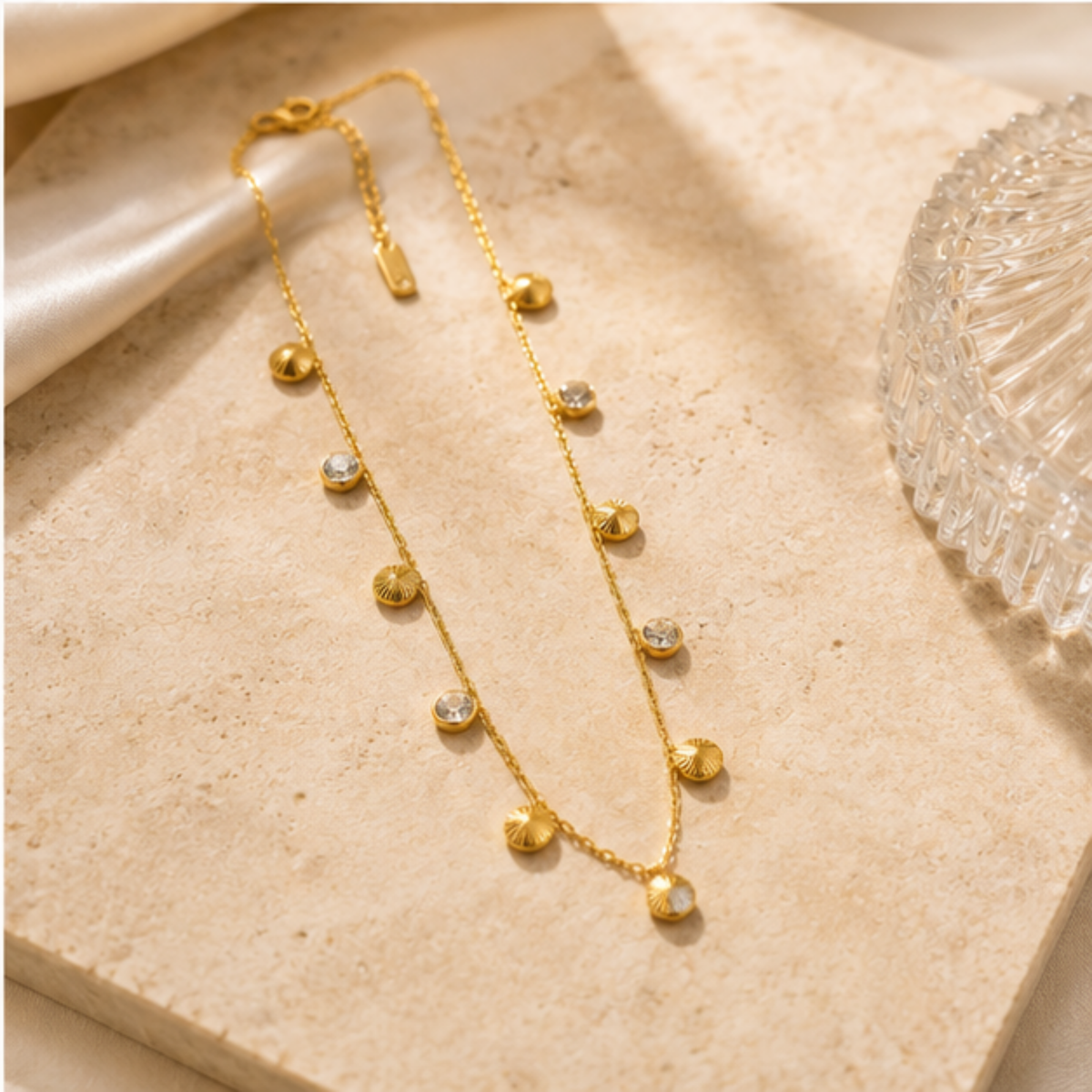 Gold Beaded Long Necklace with Sparkling Accent Details