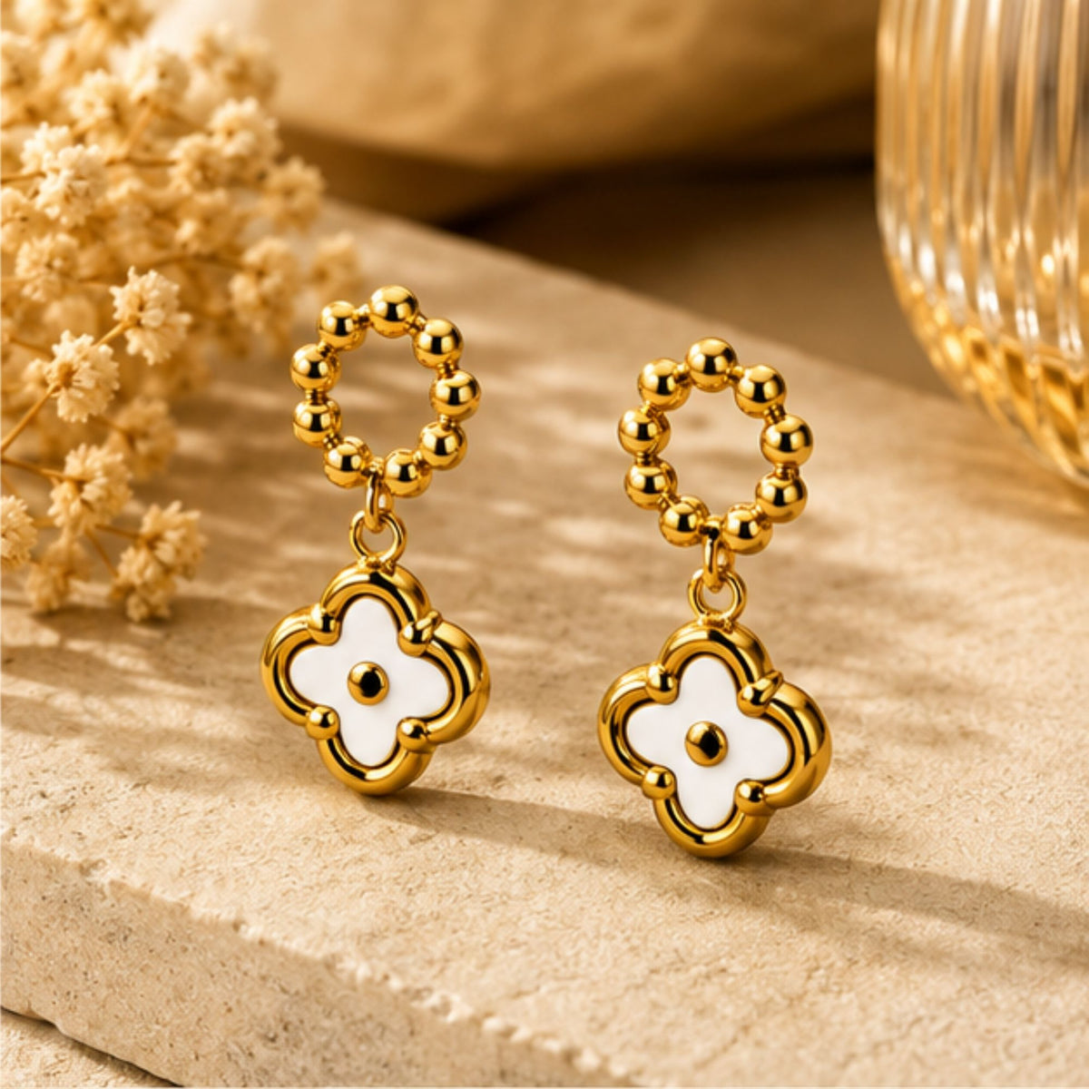 Gold-Tone White Floral Drop Earrings for Everyday Elegance
