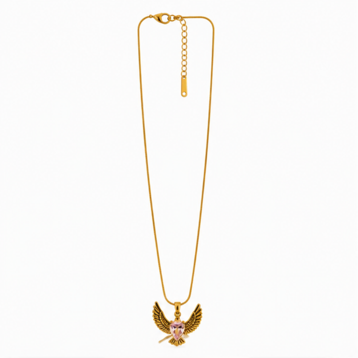 Gold Winged Pendant Long Necklace with Pink Accent