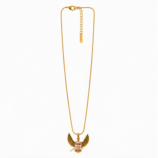 Gold Winged Pendant Long Necklace with Pink Accent