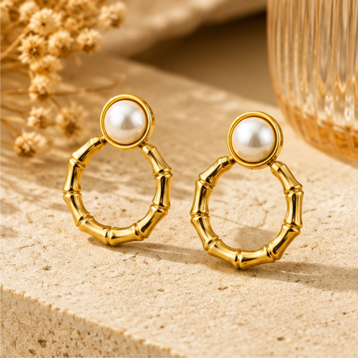 Gold-Tone White Pearl-Style Hoop Earrings for Everyday Elegance