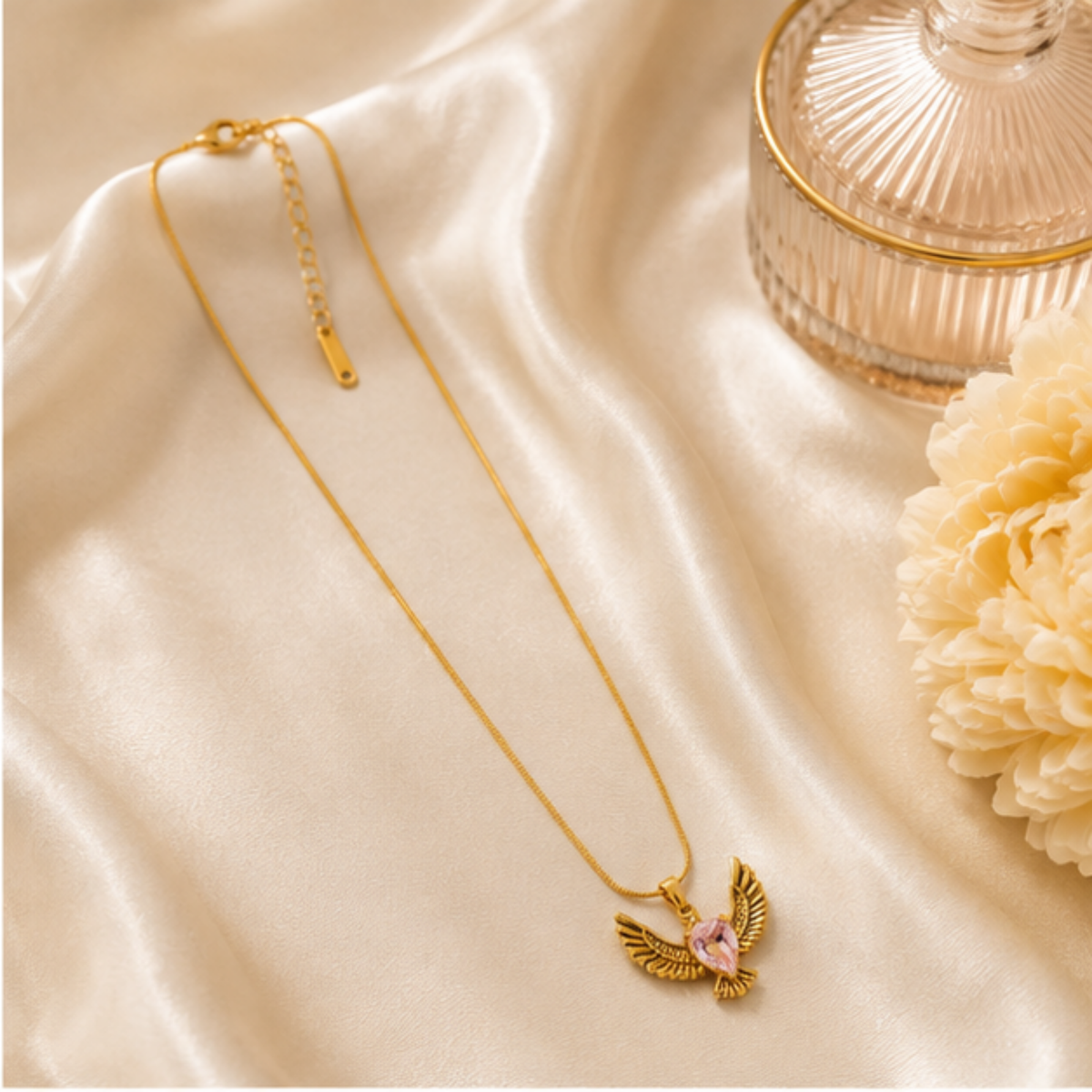 Gold Winged Pendant Long Necklace with Pink Accent