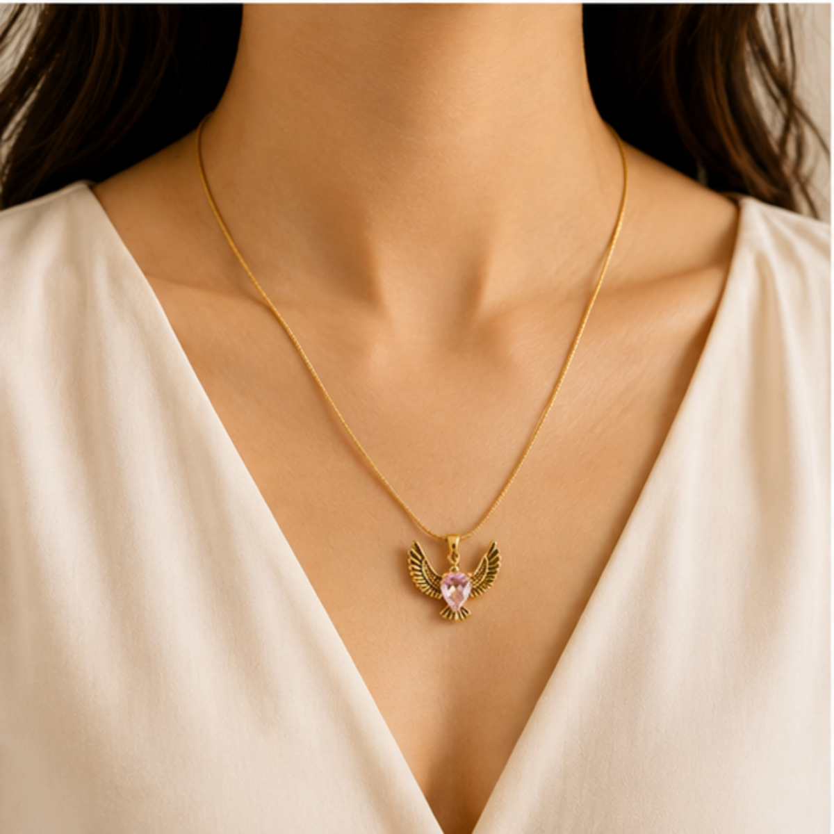 Gold Winged Pendant Long Necklace with Pink Accent