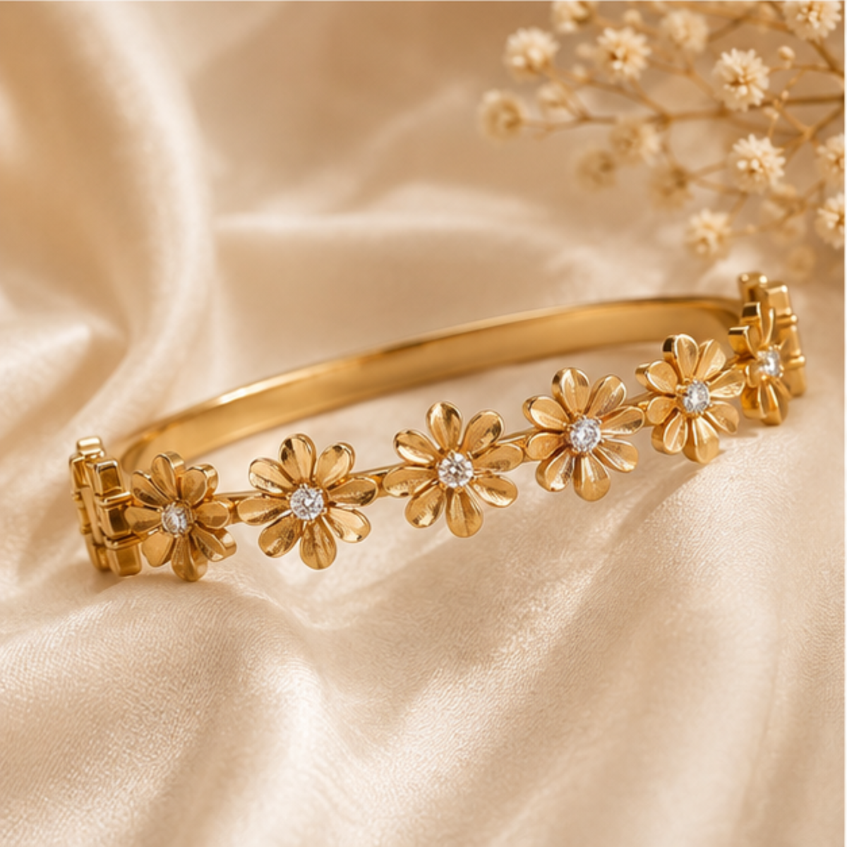 Gold Floral Crystal Bangle Bracelet for Everyday Elegance