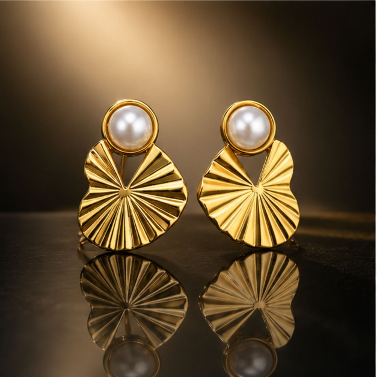 Gold Tone Pearl Fan Drop Earrings for Everyday Elegance