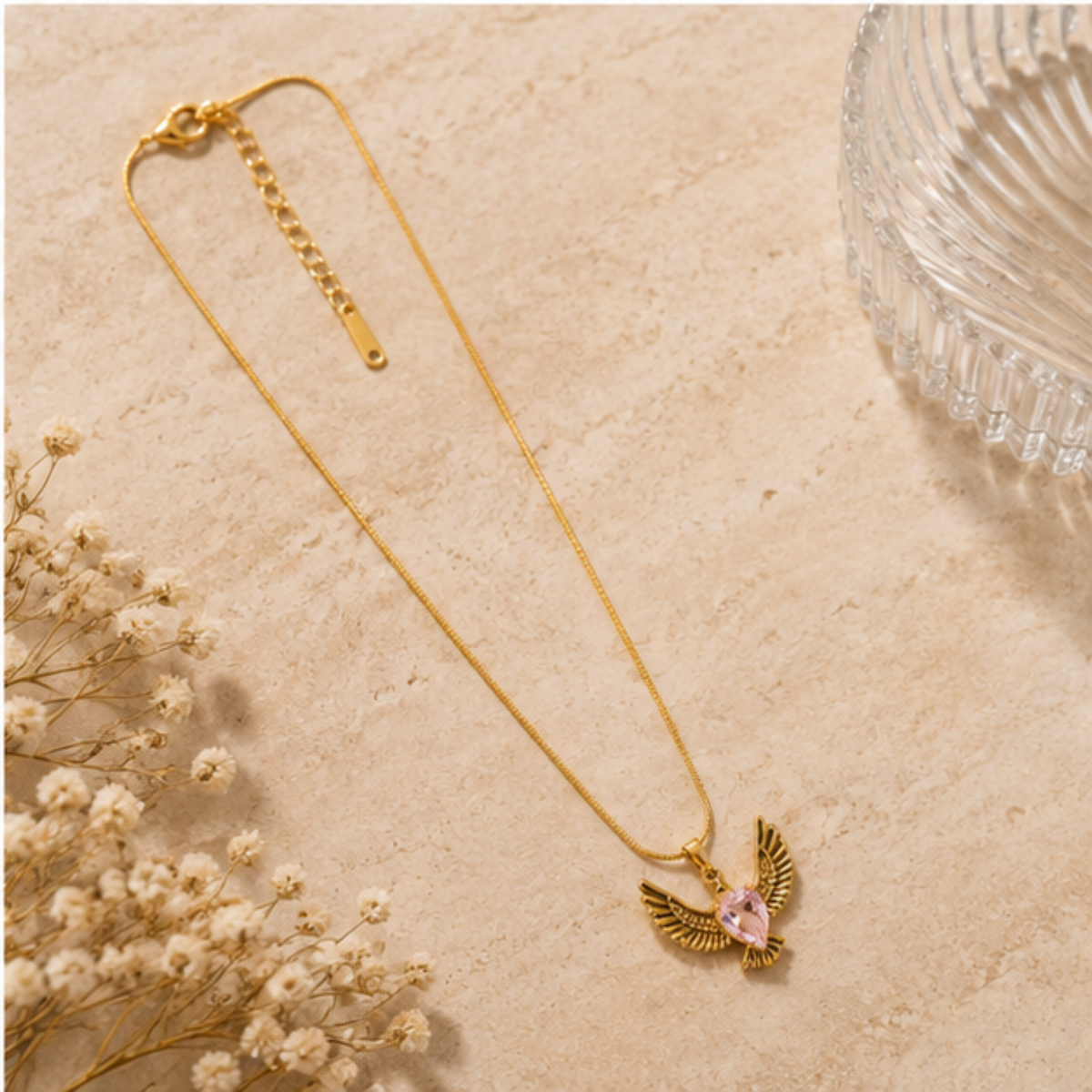 Gold Winged Pendant Long Necklace with Pink Accent