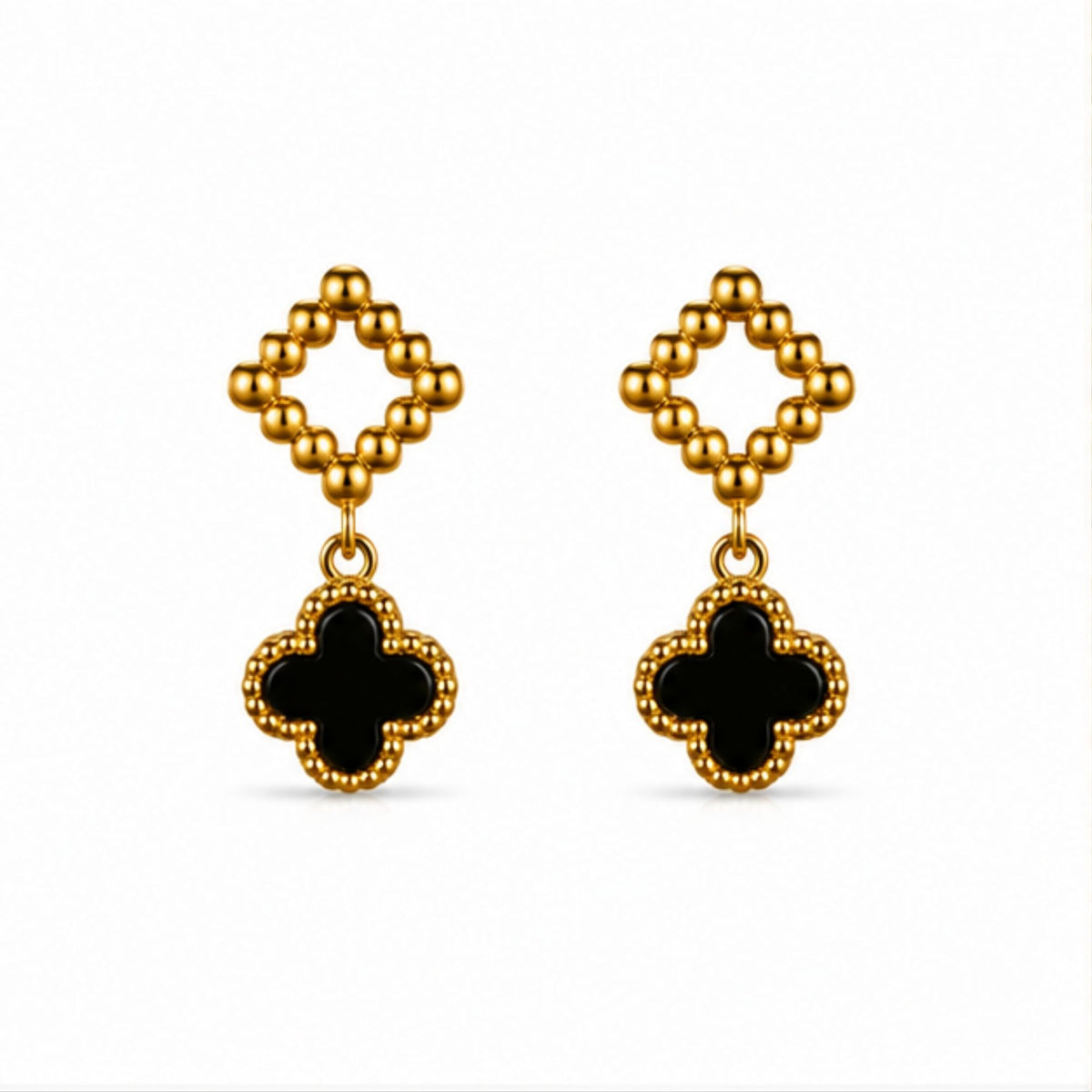 Gold-Tone Black Clover Drop Earrings with Diamond Detail