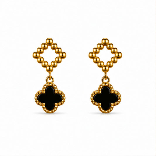 Gold-Tone Black Clover Drop Earrings with Diamond Detail