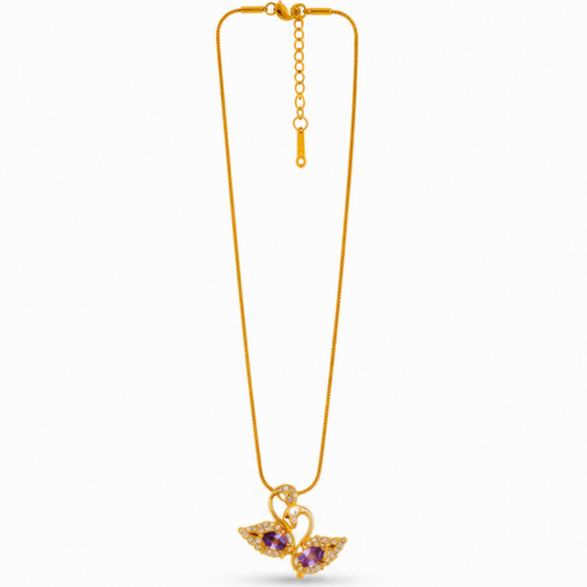 Gold Butterfly Pendant Long Necklace with Purple Accents