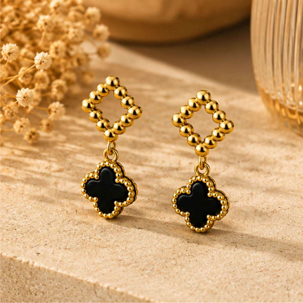 Gold-Tone Black Clover Drop Earrings with Diamond Detail