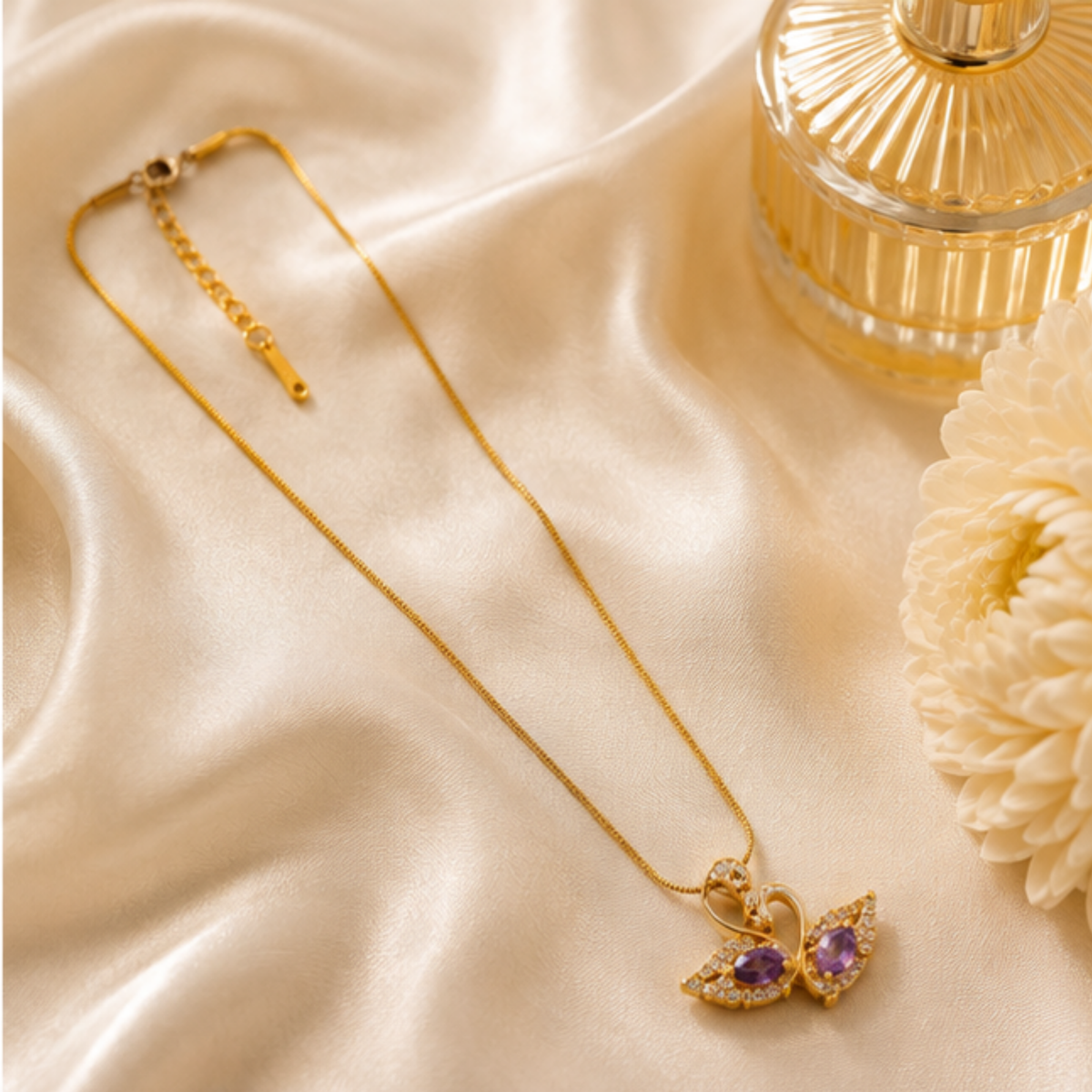Gold Butterfly Pendant Long Necklace with Purple Accents