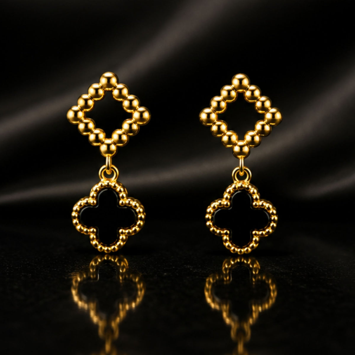 Gold-Tone Black Clover Drop Earrings with Diamond Detail