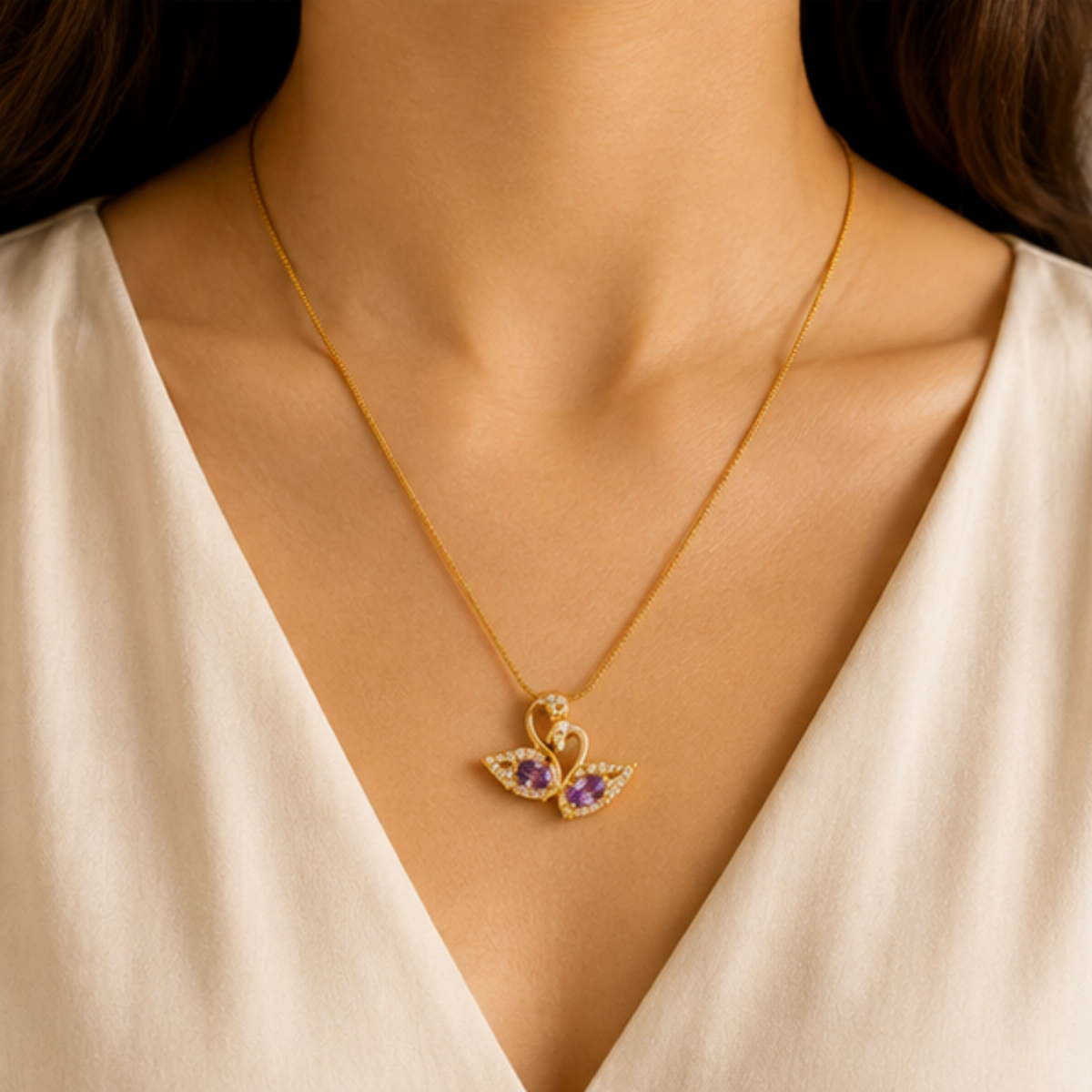 Gold Butterfly Pendant Long Necklace with Purple Accents