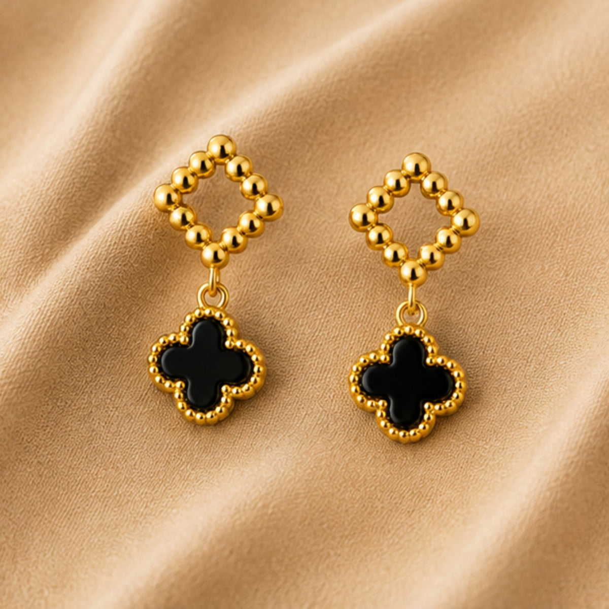 Gold-Tone Black Clover Drop Earrings with Diamond Detail