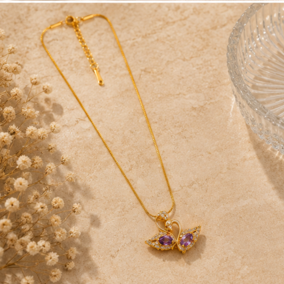 Gold Butterfly Pendant Long Necklace with Purple Accents