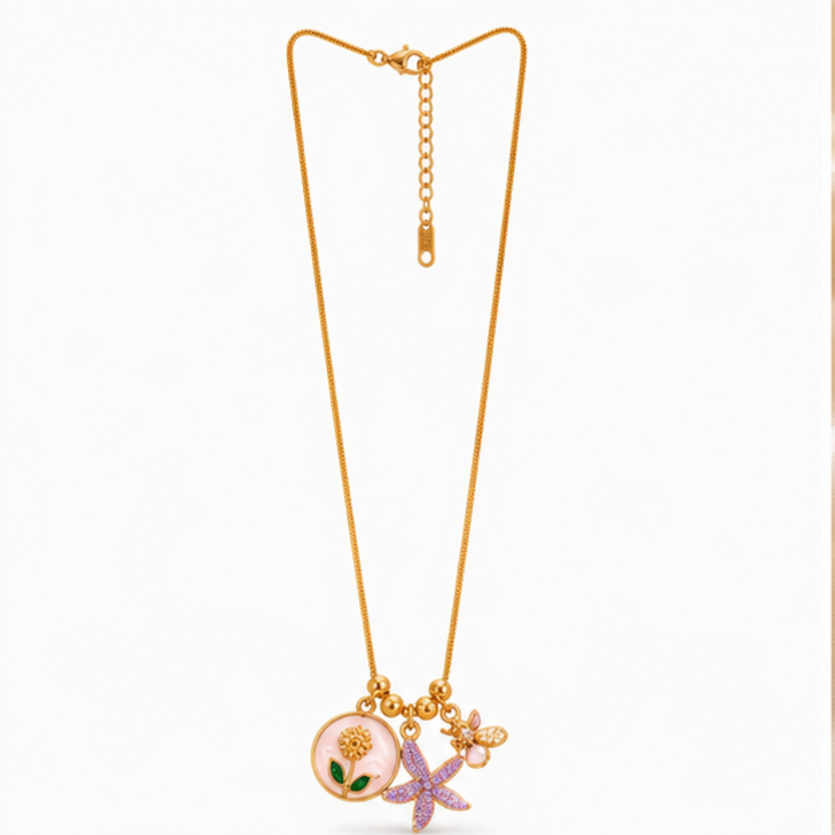 Gold Charm Cluster Long Necklace with Colorful Accents