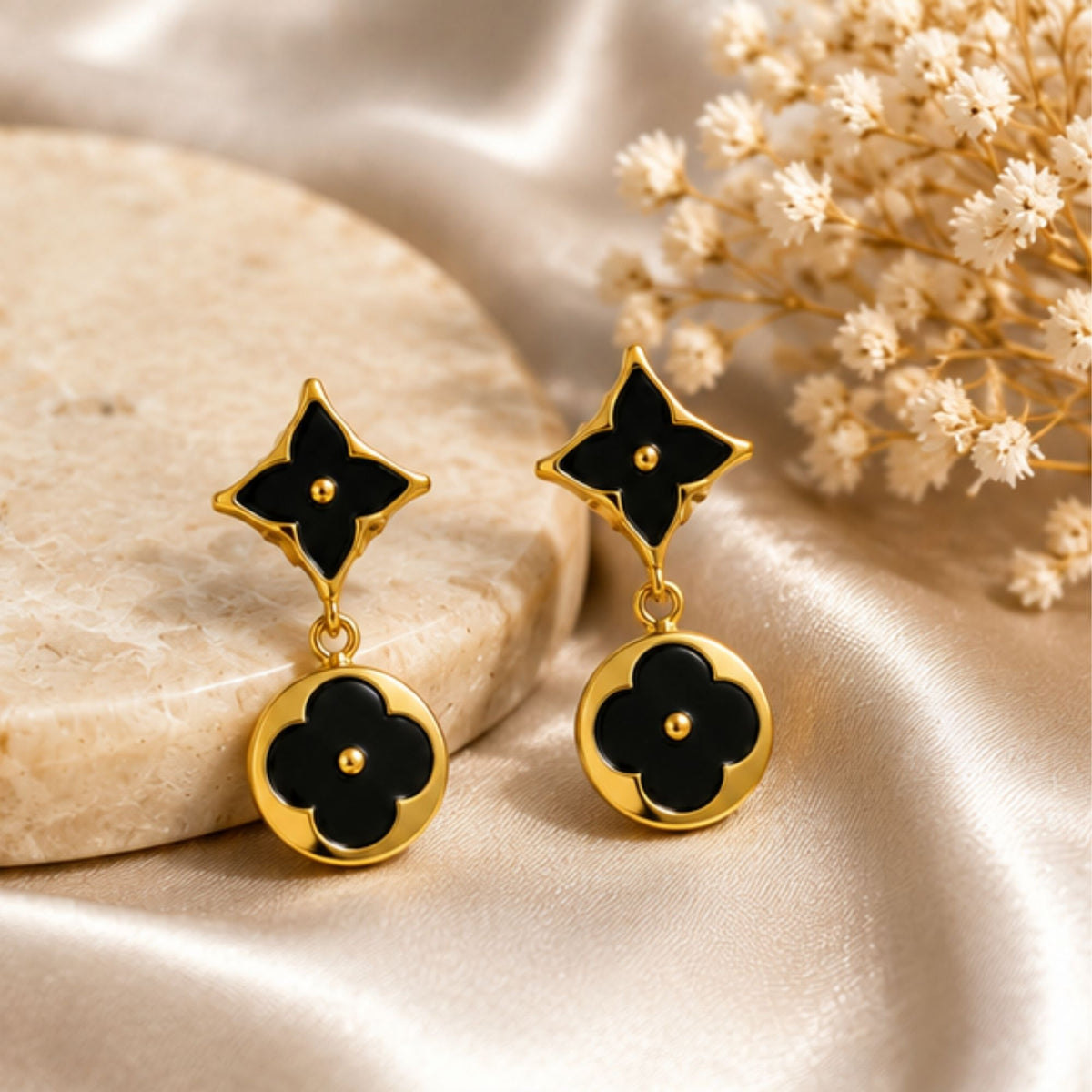 Gold-Tone Black Floral Drop Earrings for Everyday Elegance