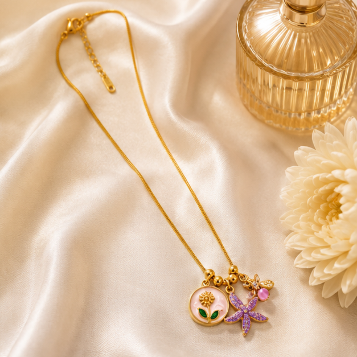 Gold Charm Cluster Long Necklace with Colorful Accents