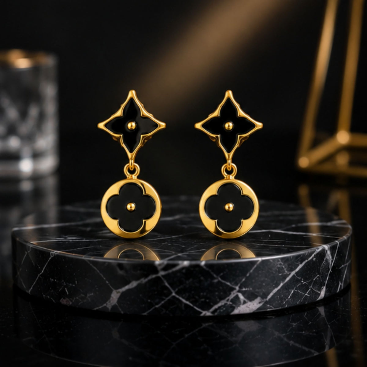 Gold-Tone Black Floral Drop Earrings for Everyday Elegance