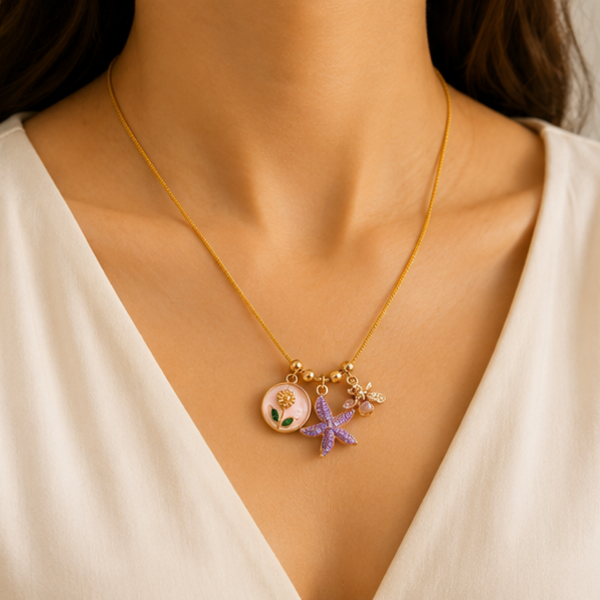 Gold Charm Cluster Long Necklace with Colorful Accents