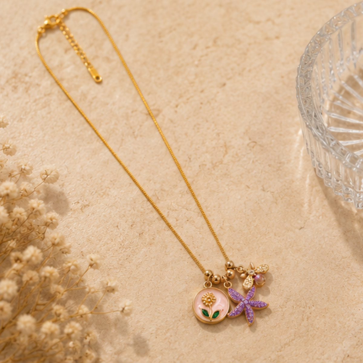 Gold Charm Cluster Long Necklace with Colorful Accents