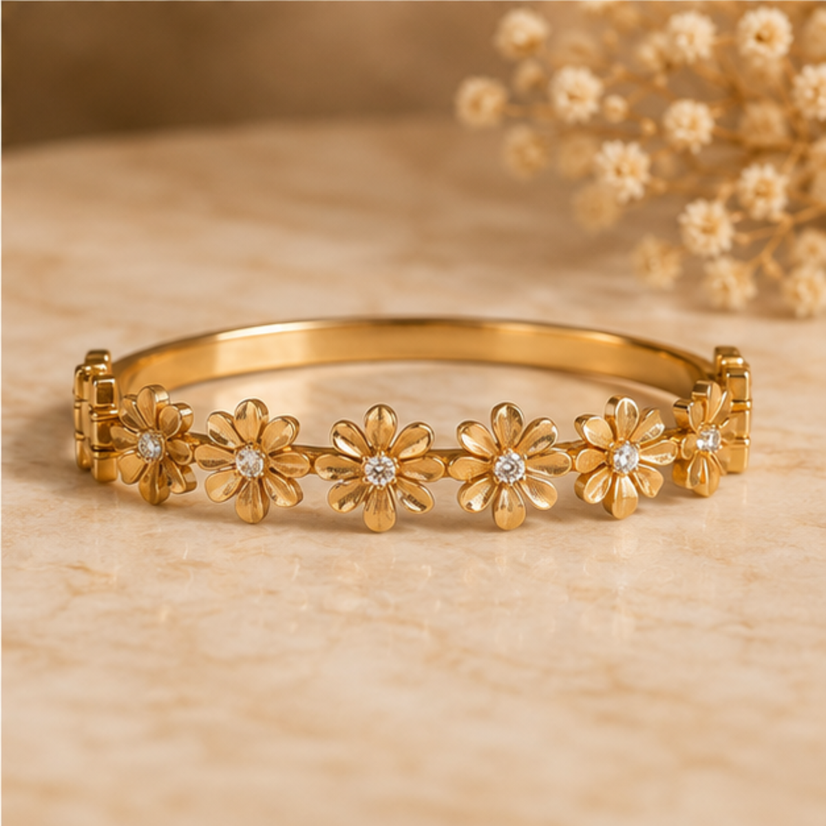 Gold Floral Crystal Bangle Bracelet for Everyday Elegance