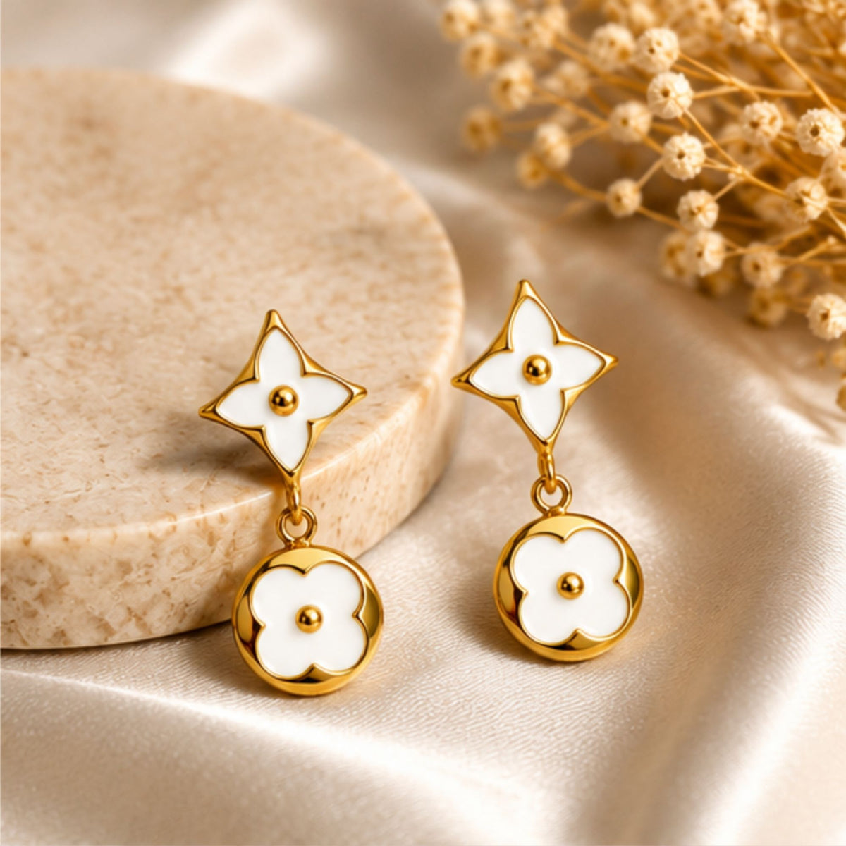 Gold-Tone White Floral Drop Earrings for Everyday Elegance