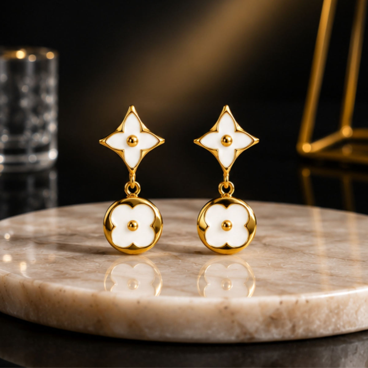 Gold-Tone White Floral Drop Earrings for Everyday Elegance