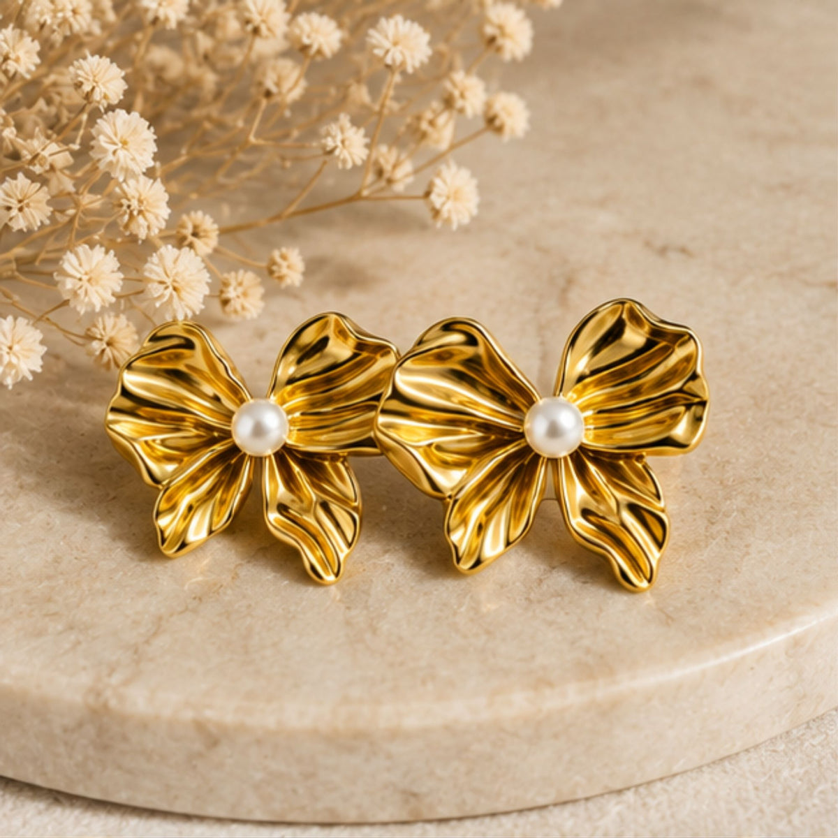 Gold-Tone Bow Stud Earrings with Pearl-Style Detail