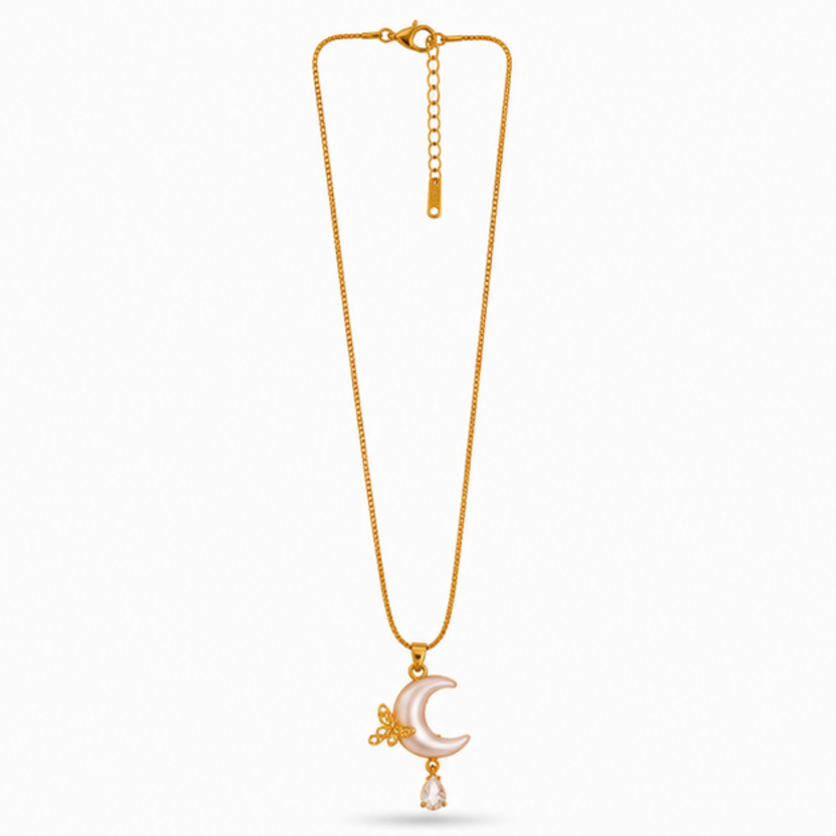 Gold Crescent Moon Pendant Long Necklace with Star Detail