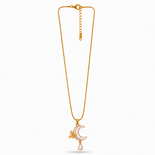 Gold Crescent Moon Pendant Long Necklace with Star Detail