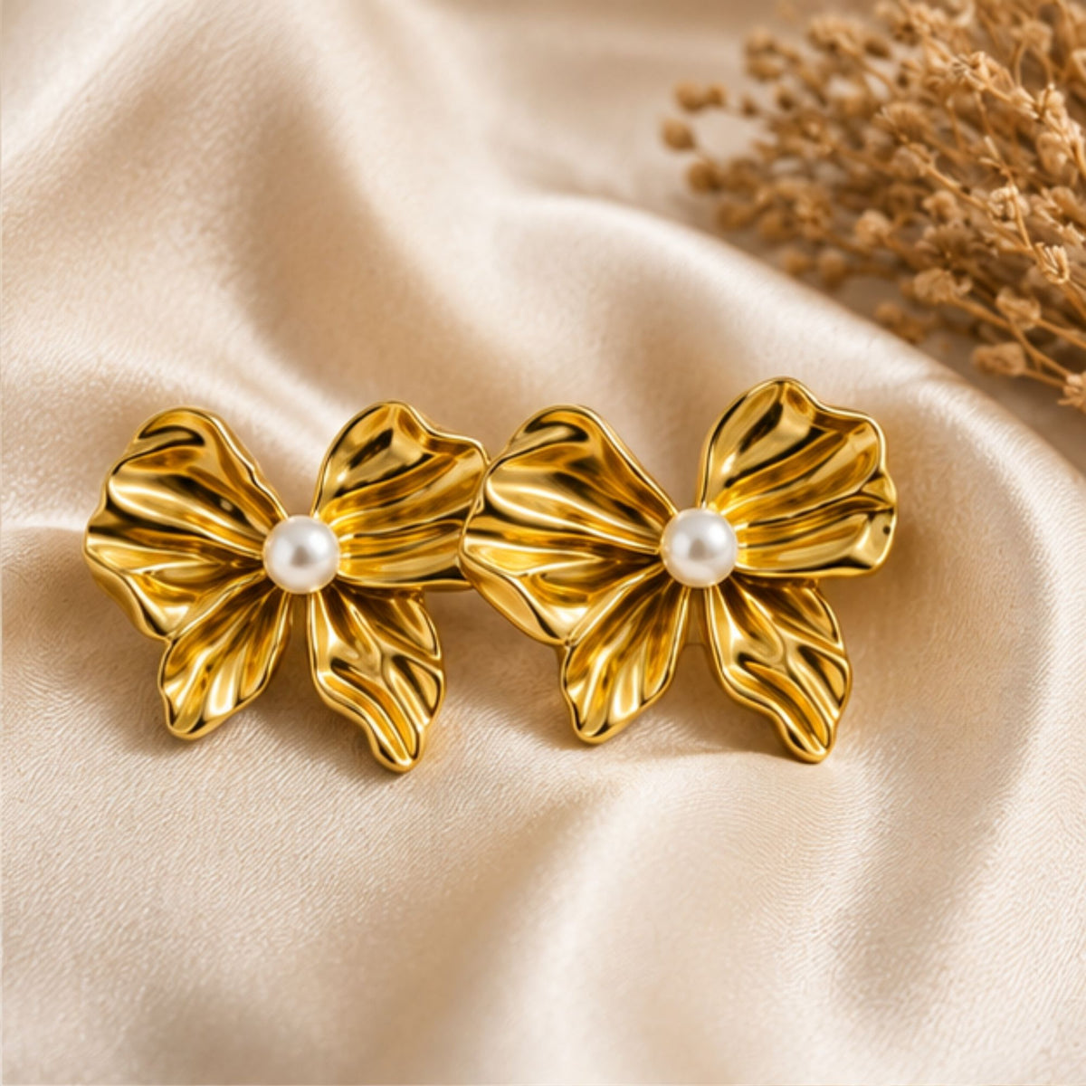 Gold-Tone Bow Stud Earrings with Pearl-Style Detail