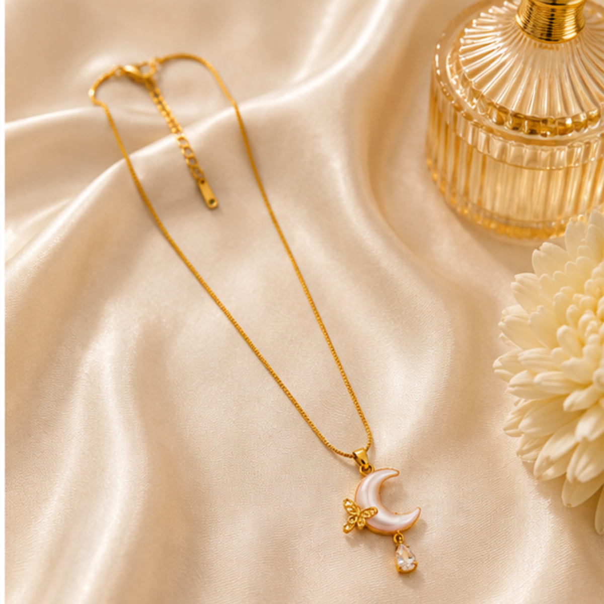 Gold Crescent Moon Pendant Long Necklace with Star Detail