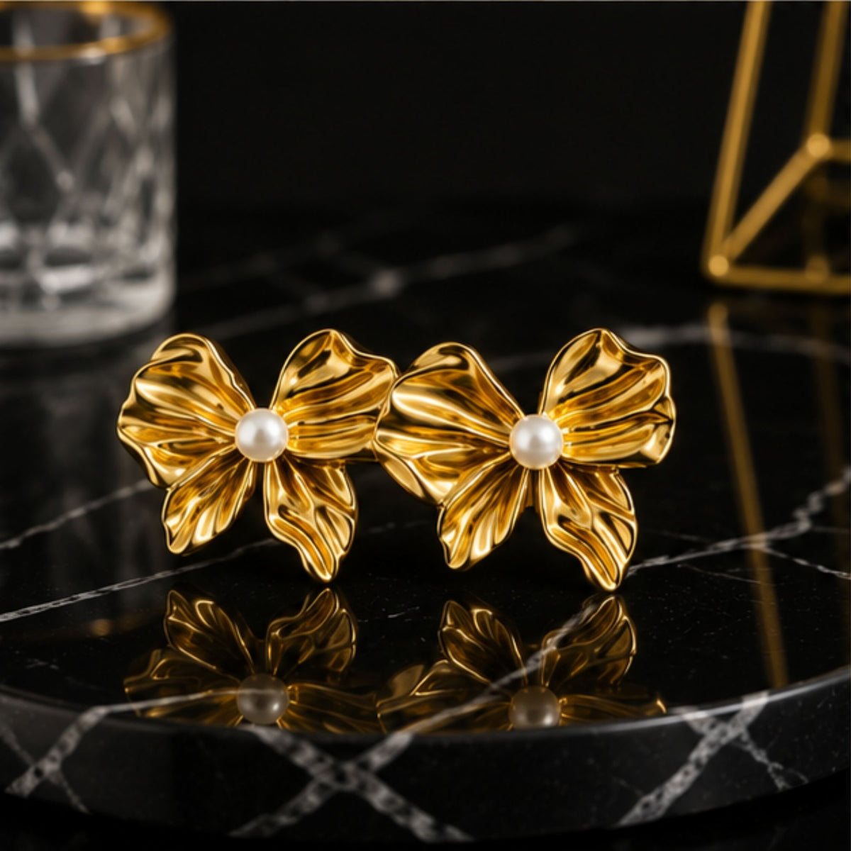 Gold-Tone Bow Stud Earrings with Pearl-Style Detail