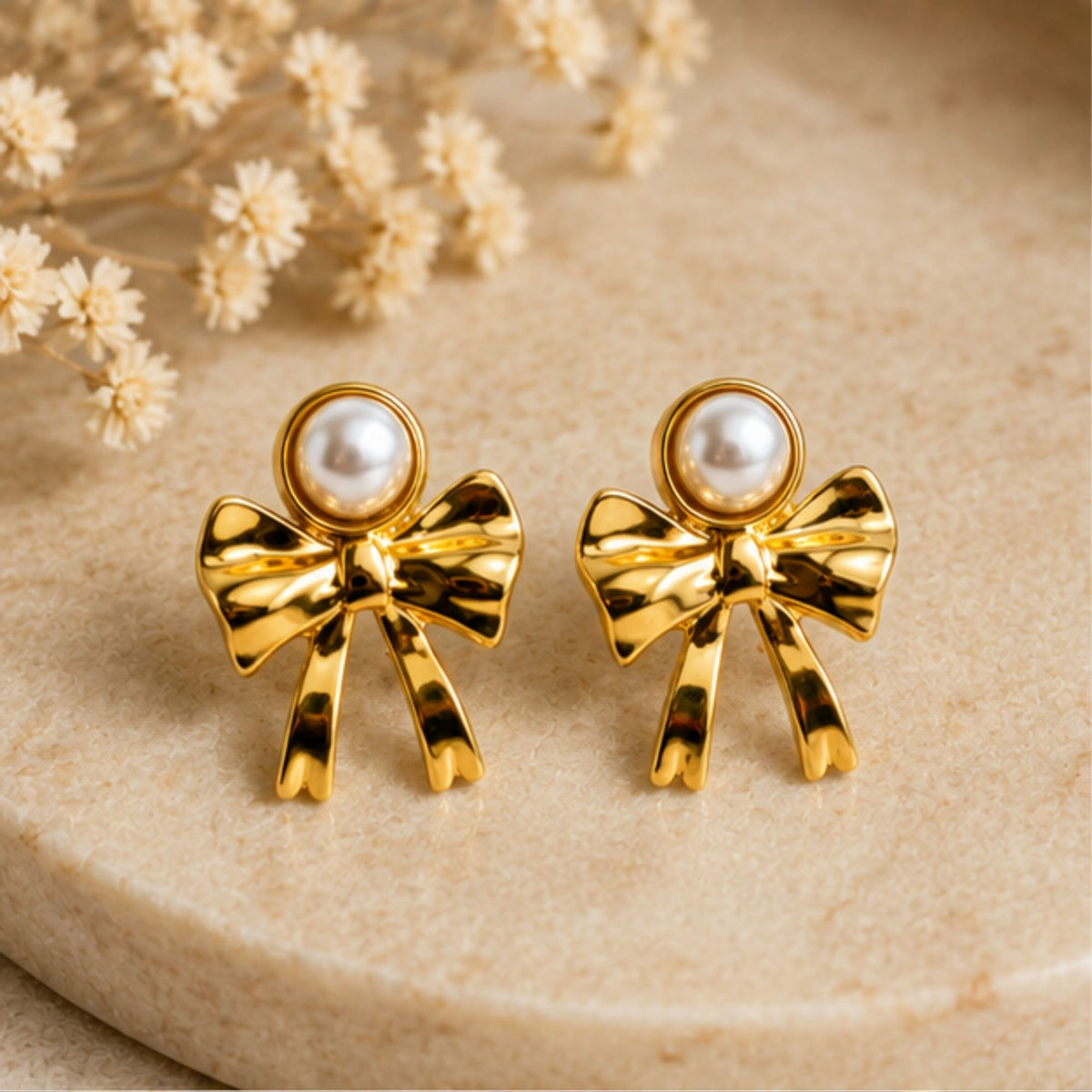 Gold-Tone Bow Pearl-Style Stud Earrings for Everyday Elegance