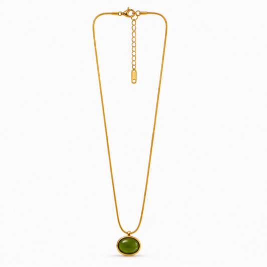 Gold Green Oval Pendant Long Necklace for Everyday Elegance