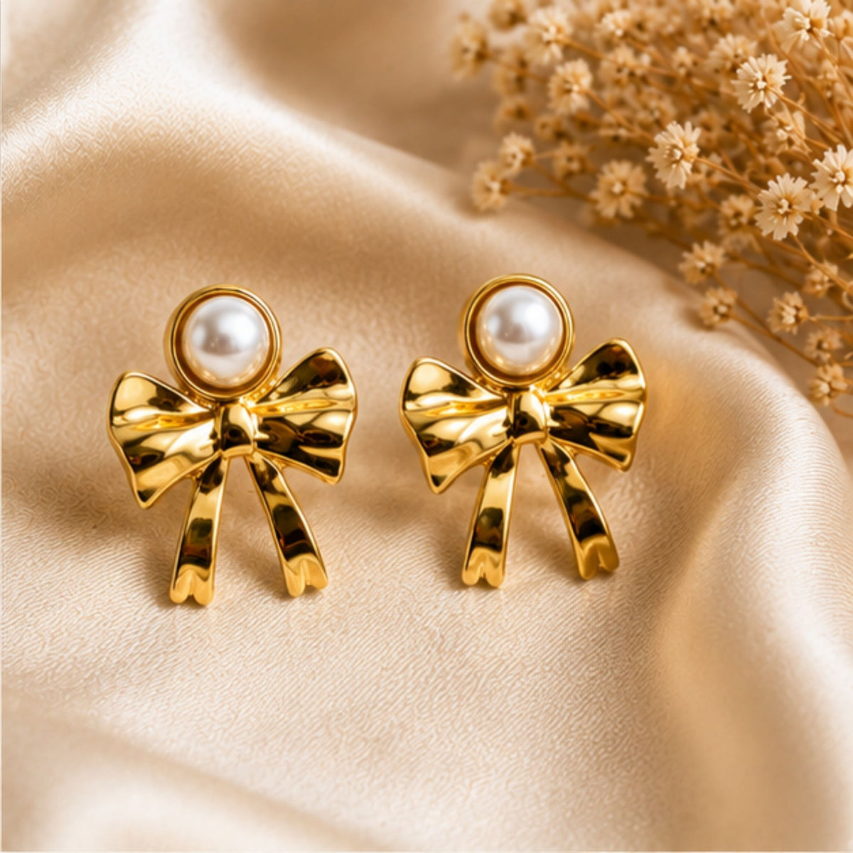 Gold-Tone Bow Pearl-Style Stud Earrings for Everyday Elegance