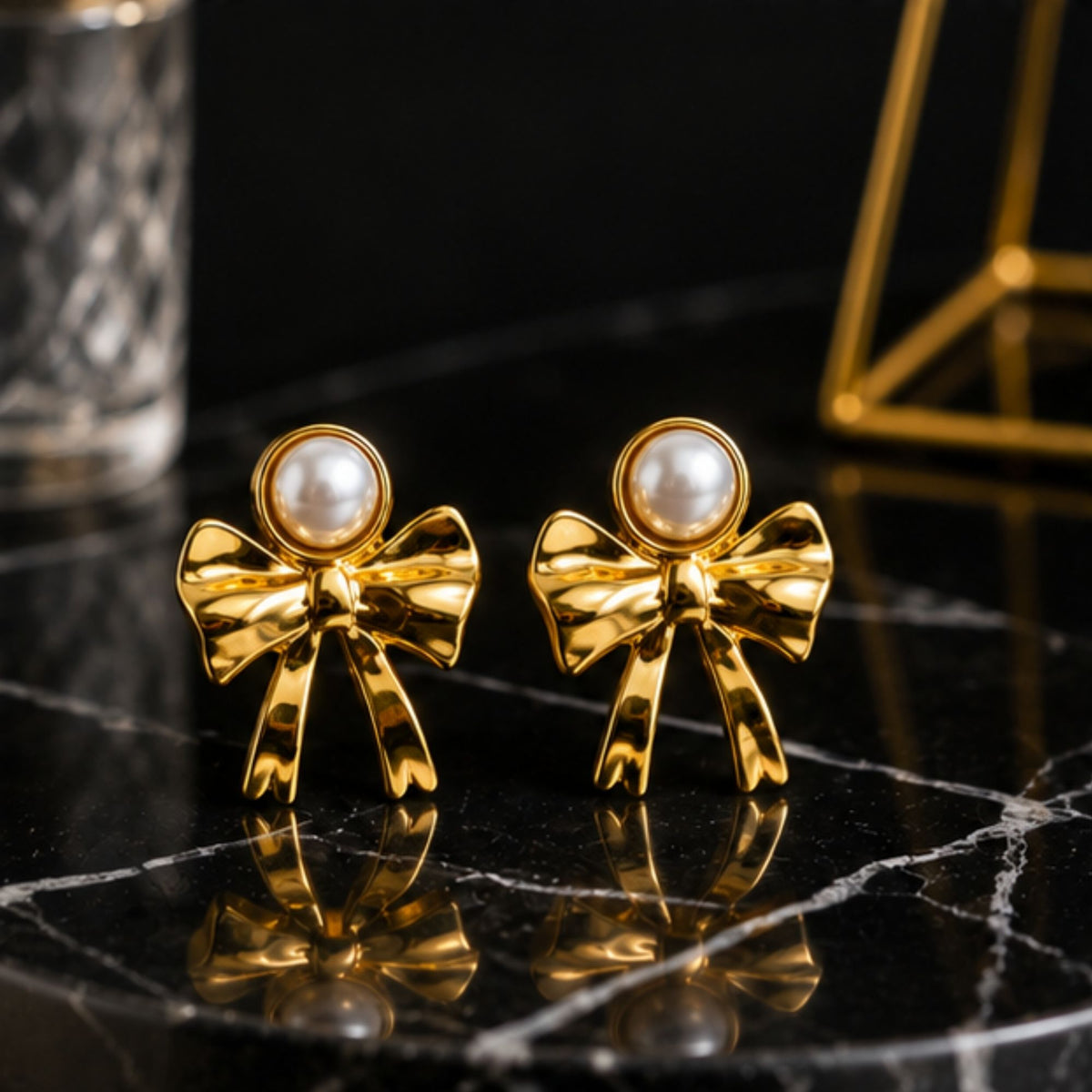 Gold-Tone Bow Pearl-Style Stud Earrings for Everyday Elegance