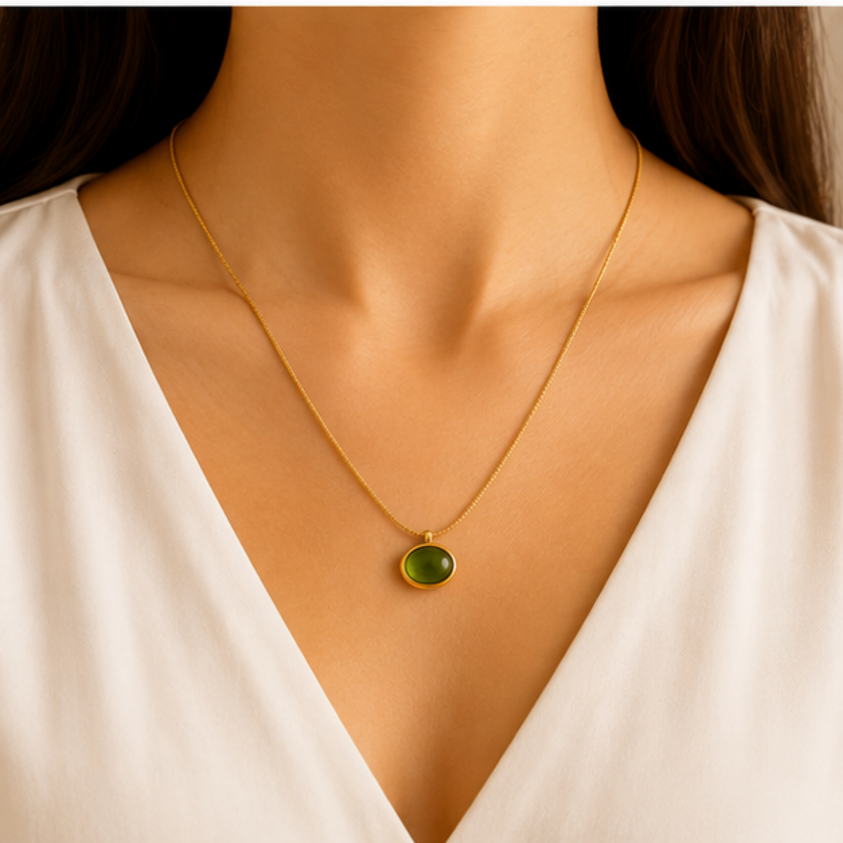 Gold Green Oval Pendant Long Necklace for Everyday Elegance