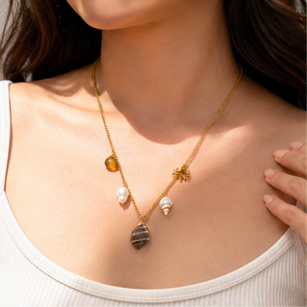 Gold Tone Pearl Accent Layered Pendant Necklace