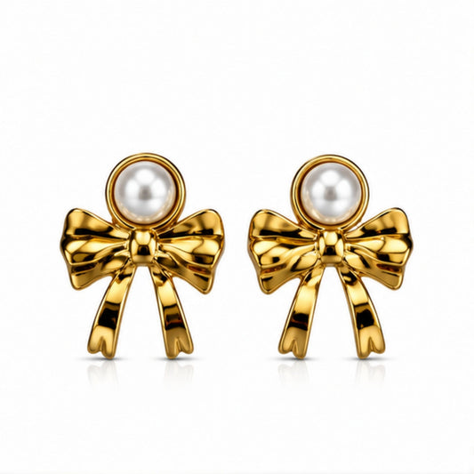 Gold Tone Pearl Bow Stud Earrings for Everyday Elegance