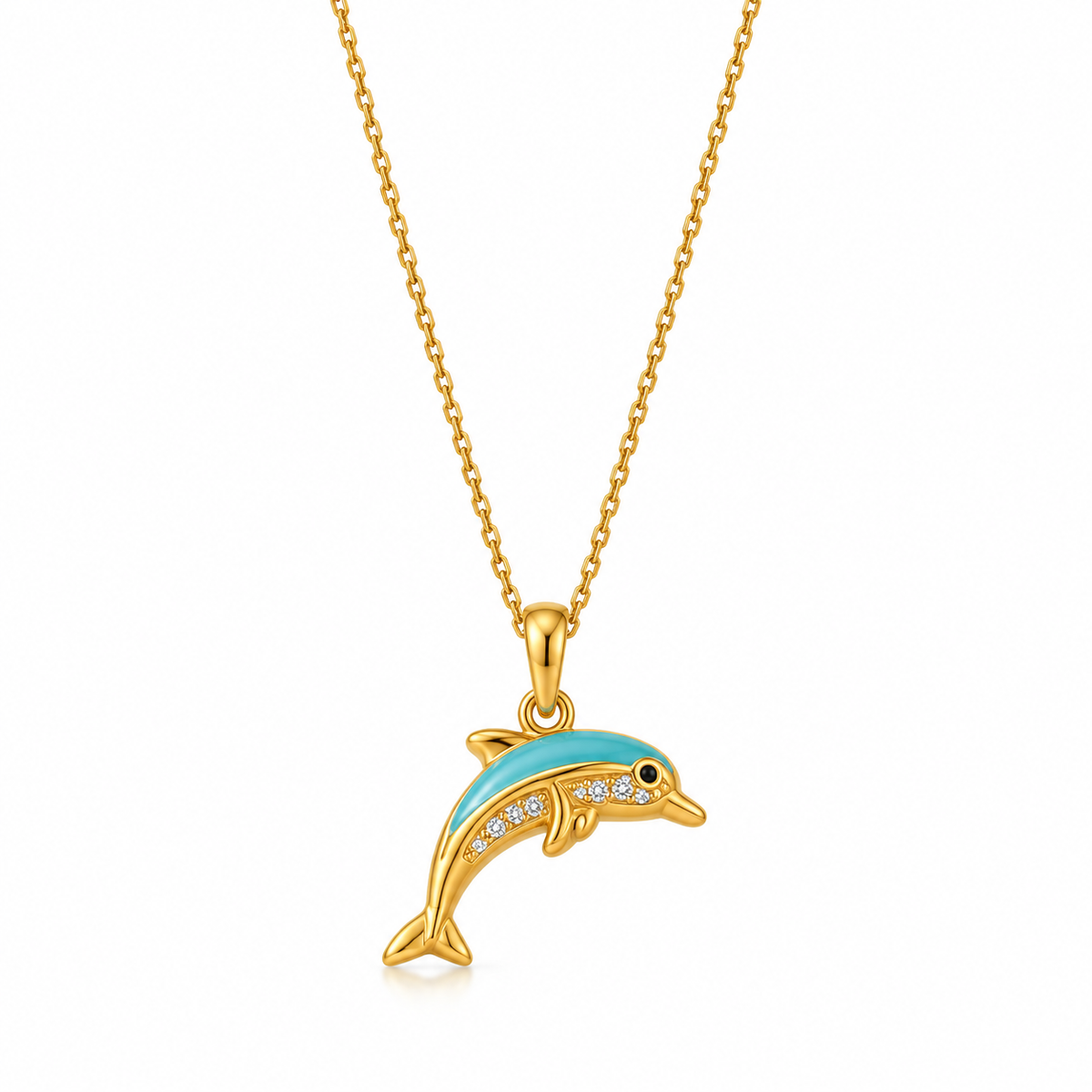 Delicate gold-tone necklace with a blue dolphin pendant and sparkling stone details by Maelle