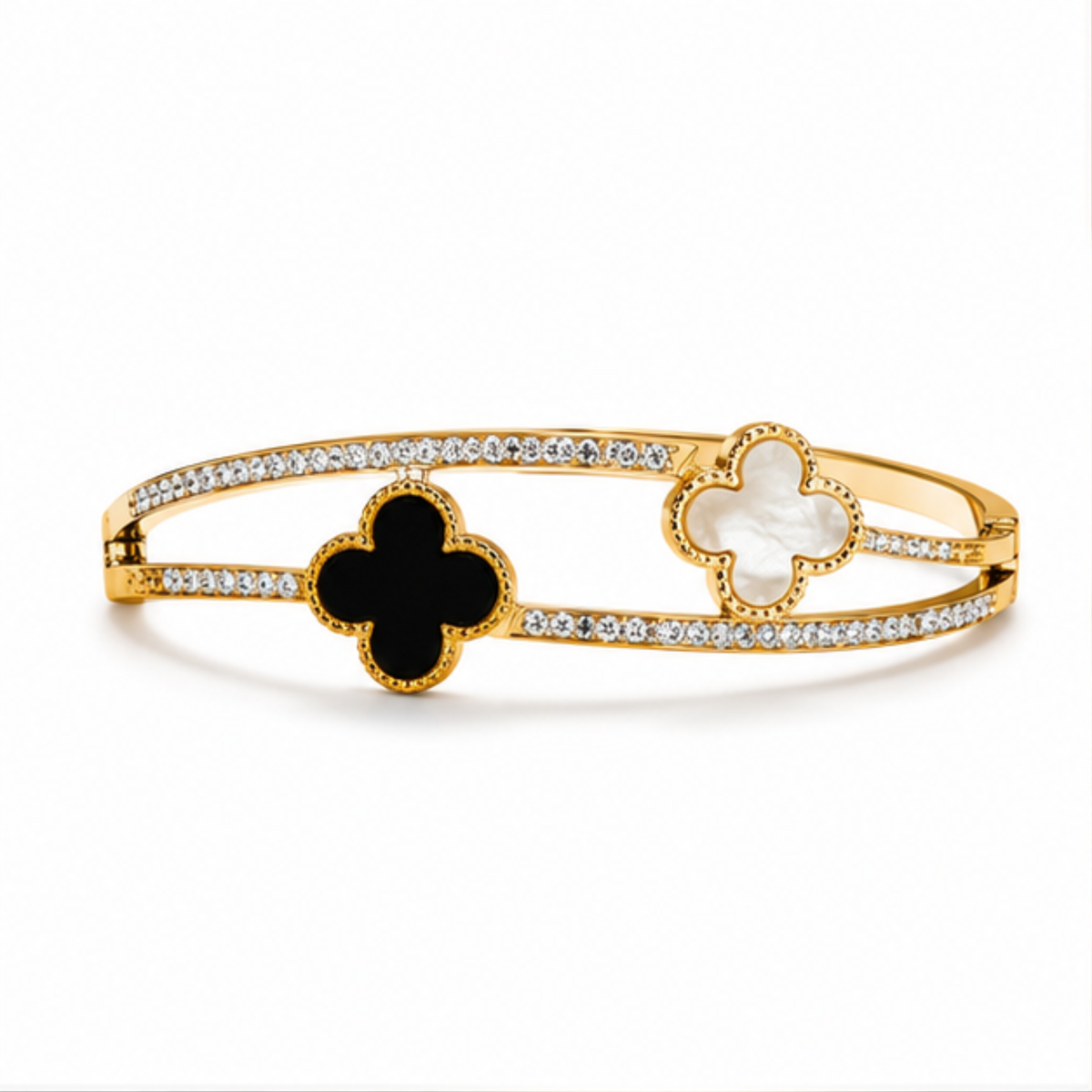 Maelle gold tone clover charm bangle featuring sparkling crystal details and an elegant finish