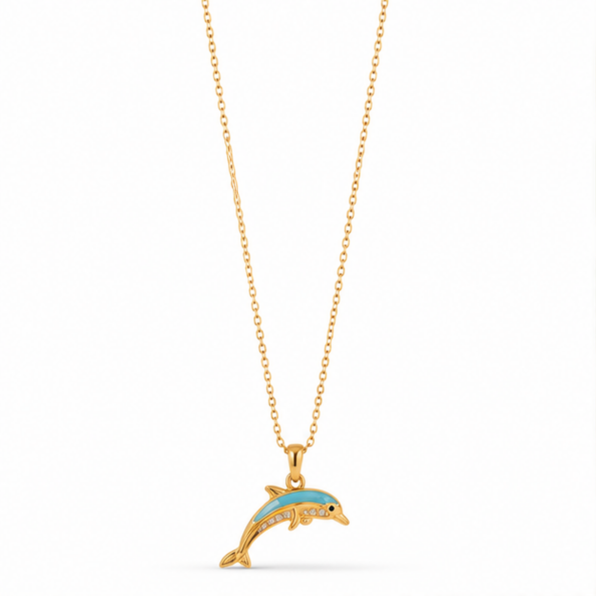 Maelle gold-tone dolphin pendant necklace with blue enamel detailing and delicate chain
