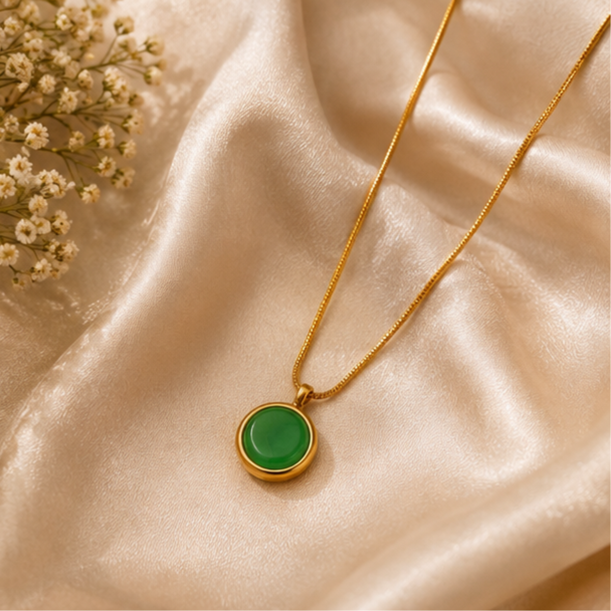 Gold Finish Necklace with Green Round Pendant | Maelle