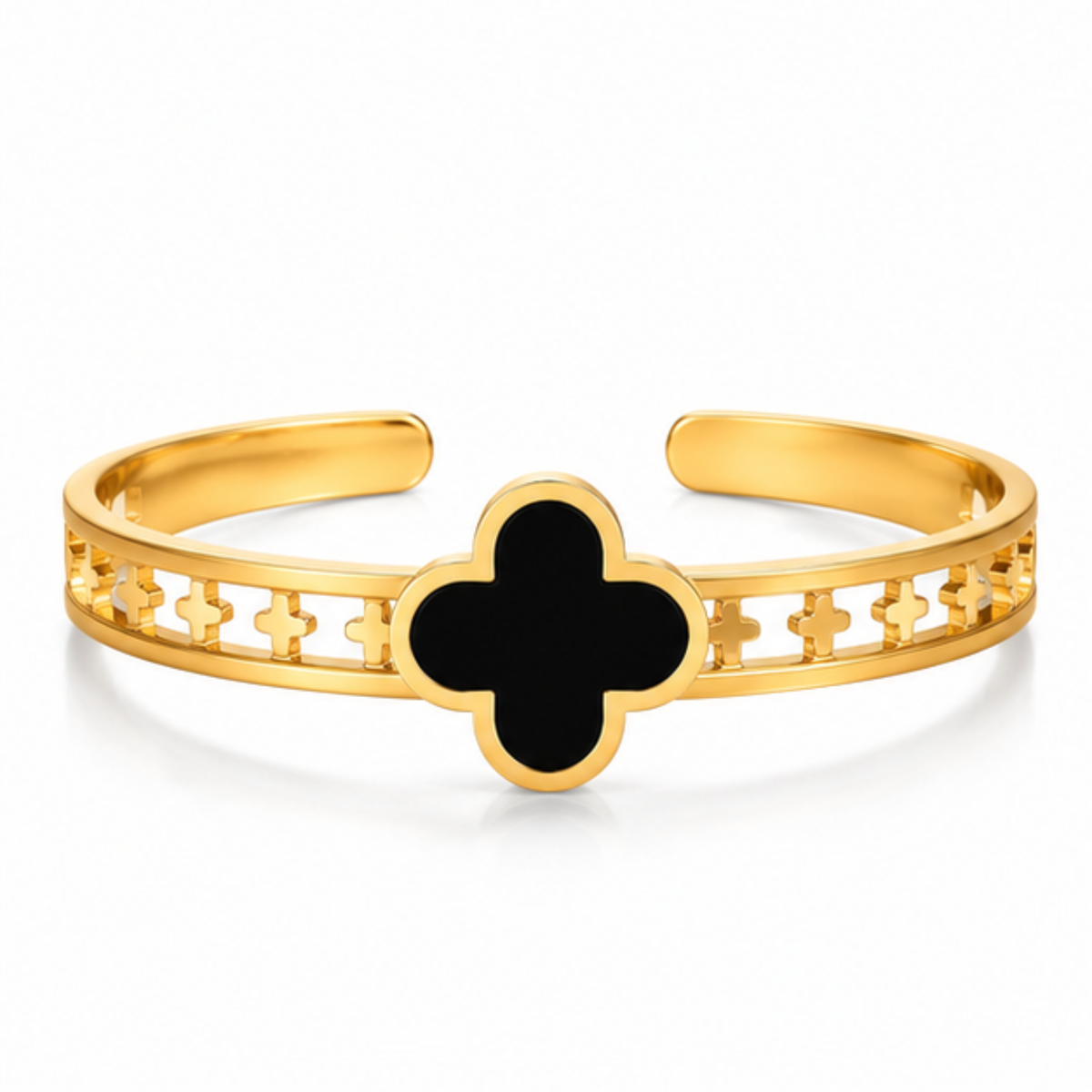 Maelle gold tone open cuff bracelet featuring a black clover design for women