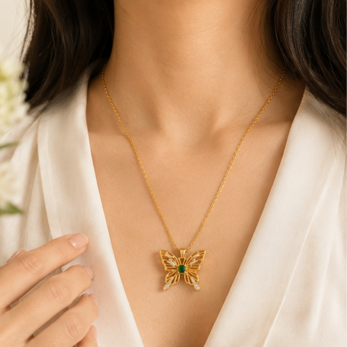 Gold-finish butterfly necklace with a green rectangular center gemstone and sparkling wing details by Maelle