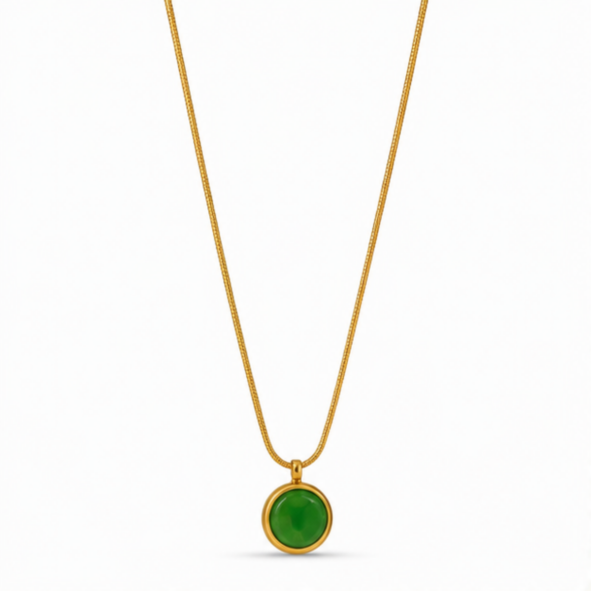 Maelle green round pendant necklace with a gold-tone chain on a white background