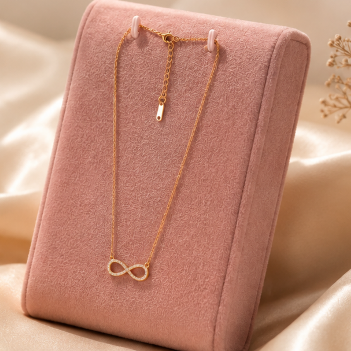 Minimal gold tone infinity pendant necklace with a fine chain designed for everyday wear by Maelle